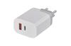 Power socket adapter USB charger 100..240VAC 50/60Hz / 1x USB type-A QC 2.0–3.0 (5..12VDC/1.5..3A/18W), 1x USB Type-C PD (5..12VDC/1.5..3A/18W), blue LED, white, Emos